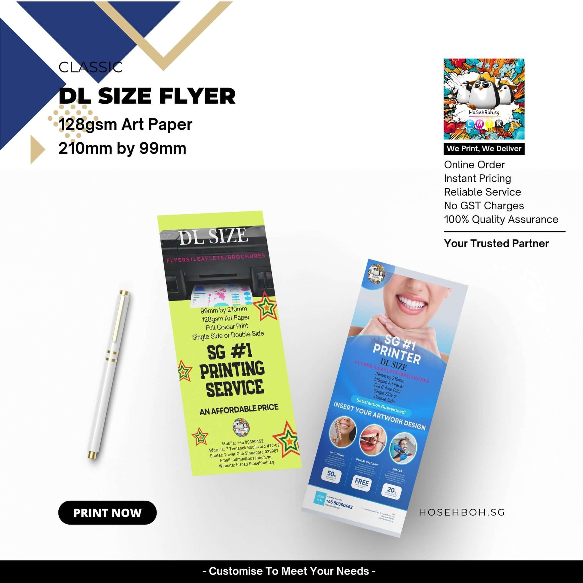 Eye-catching DL size flyers on 128gsm art paper, showcasing SG’s #1 printing service with reliable pricing and quality.