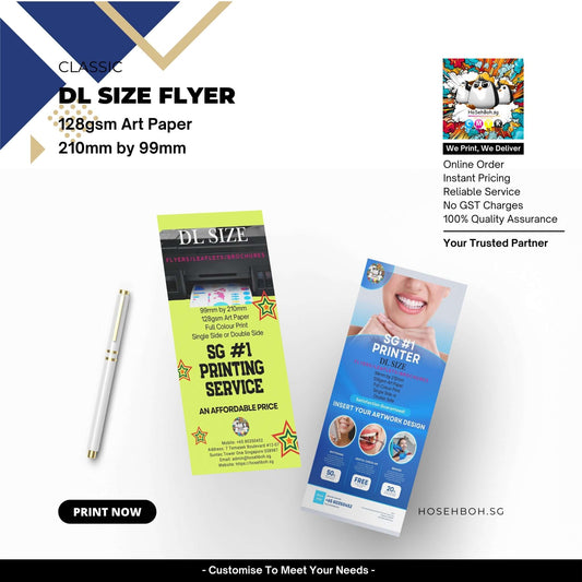 Eye-catching DL size flyers on 128gsm art paper, showcasing SG’s #1 printing service with reliable pricing and quality.