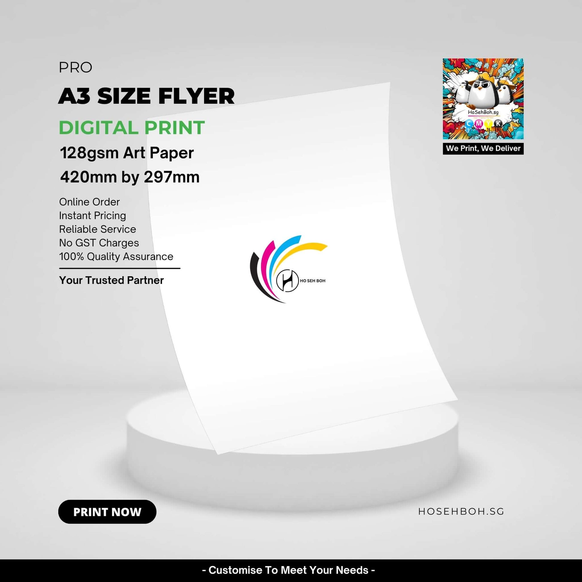 A3 size flyer printed on 128gsm art paper, showcasing high quality digital print services in Singapore.