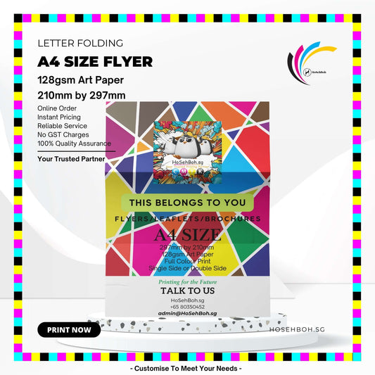 A4 size letter fold flyer printed on 128gsm art paper, featuring vibrant colors and design details.