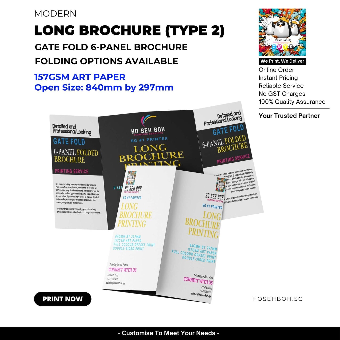 Cheapest Long Brochure printing service Singapore showcasing gate fold options, 840mm by 297mm on art paper.