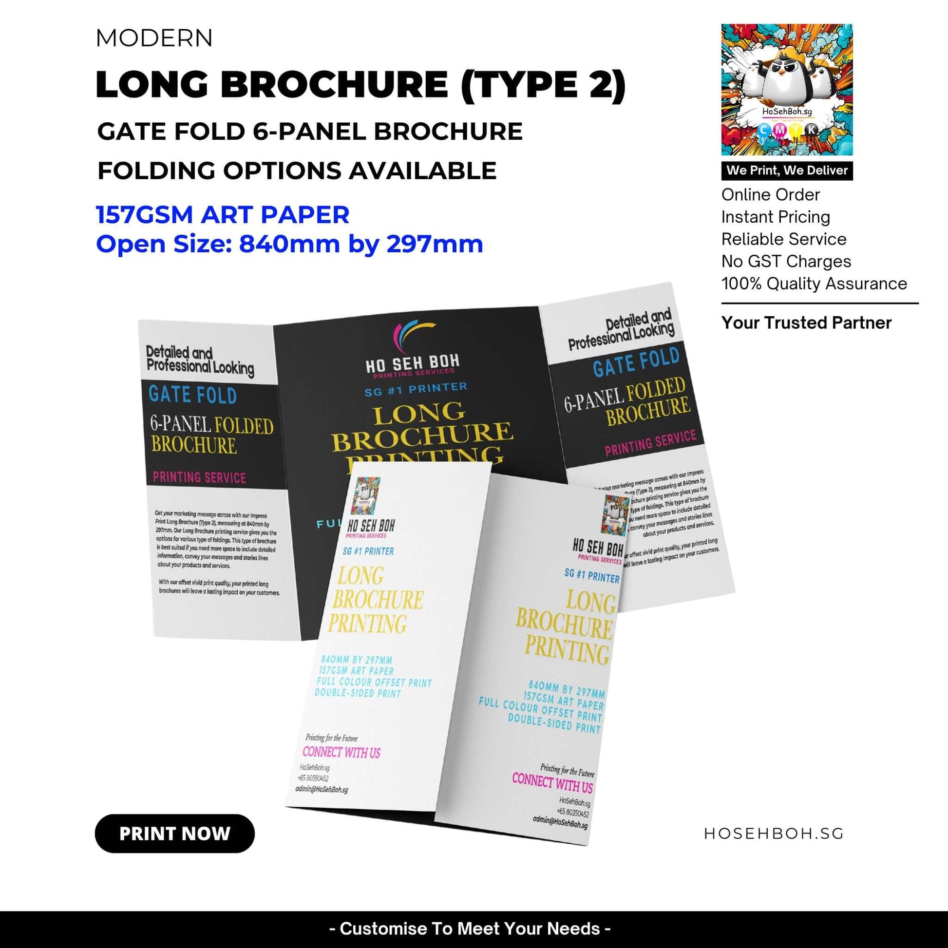Cheapest Long Brochure printing service Singapore showcasing gate fold options, 840mm by 297mm on art paper.