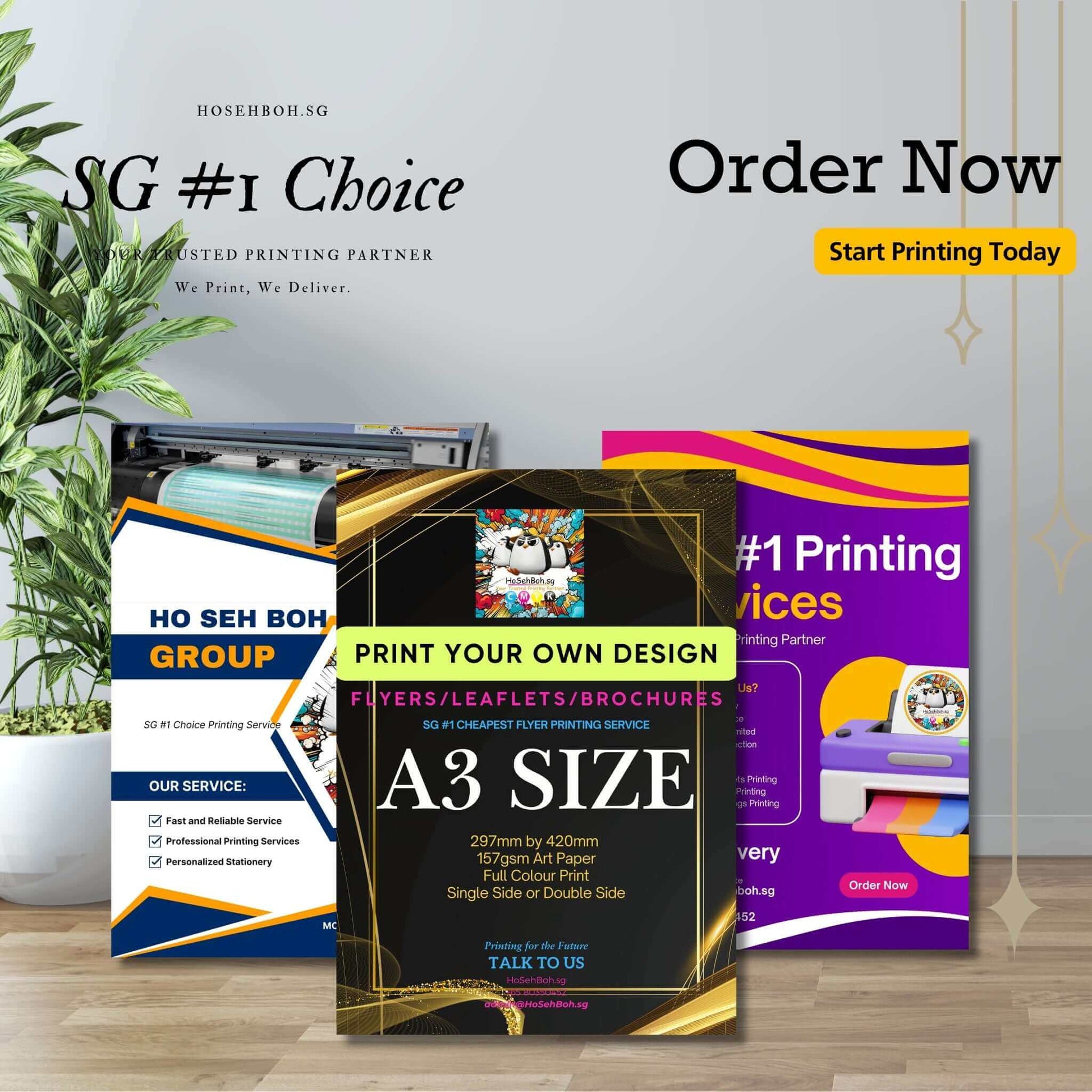 A3 size flyers and brochures displayed as part of printing services in Singapore, showcasing quality printing options.