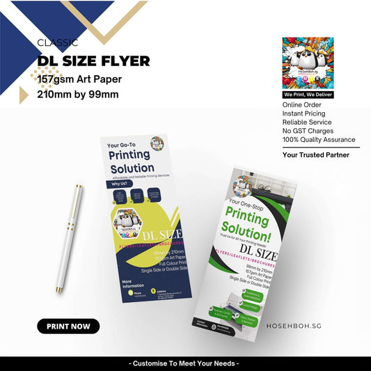 DL size flyer printing service on 157gsm art paper, 210mm by 99mm, illustrating top quality and reliability.
