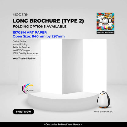 Modern long brochure printing, size 840mm x 297mm, featuring 157GSM art paper and folding options.