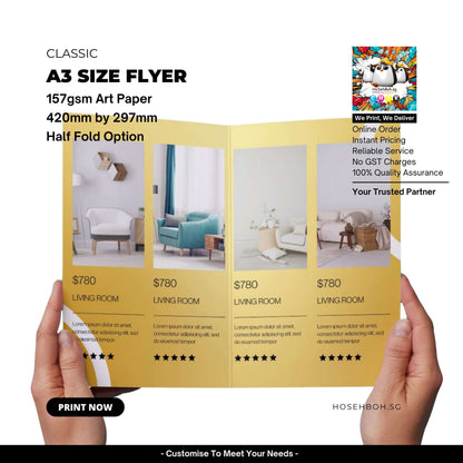 A3 size flyer on 157gsm art paper, half fold brochure showcasing living room options, quality printing services in Singapore.