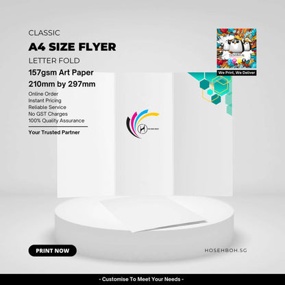 A4 size flyer letter fold printed on 157gsm art paper featuring online order and quality assurance.