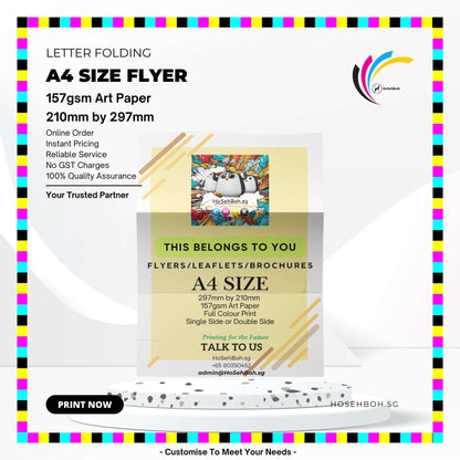 A4 size letter fold flyer showcasing 157gsm art paper specifications by Ho Seh Boh Group for brochure printing in Singapore.