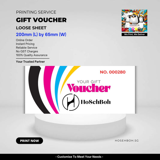 Gift voucher loose sheet by Ho Seh Boh Group, 200mm x 65mm, fast printing service in Singapore.