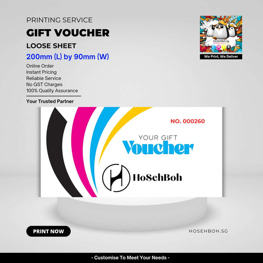 Colorful gift voucher by Ho Seh Boh Group, 200mm x 90mm, showcasing online printing services in Singapore.