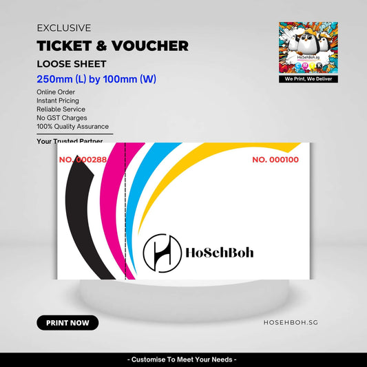 Loose sheet tickets and vouchers, 250mm x 100mm, for events and businesses, high quality printing by HoSehBoh.