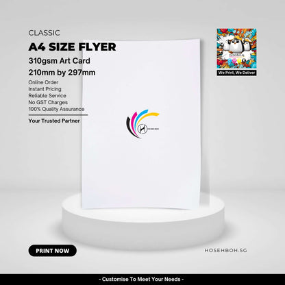 Print A4 Size Flyer using high-end 310gsm Art Card material at the cheapest pricing in Singapore near you.