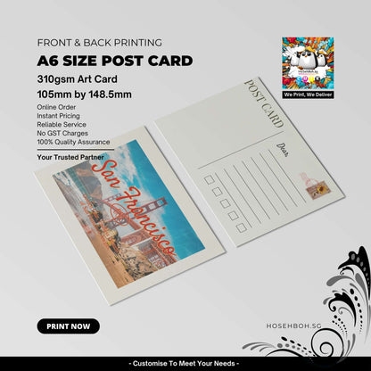A6 size post card printed on 310gsm art card, showcasing vibrant design for effective marketing in Singapore.