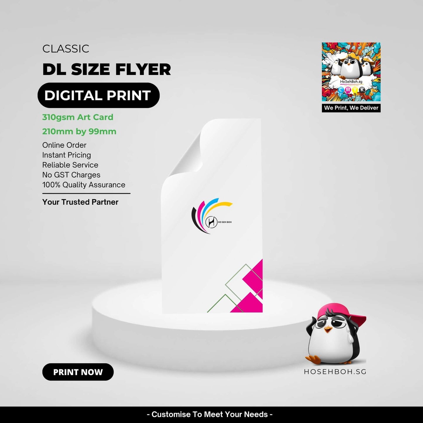 DL size flyer showcasing digital print on 310gsm art card, customizable, reliable service, and high quality.