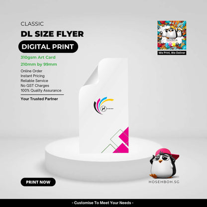 DL size flyer showcasing digital print on 310gsm art card, customizable, reliable service, and high quality.