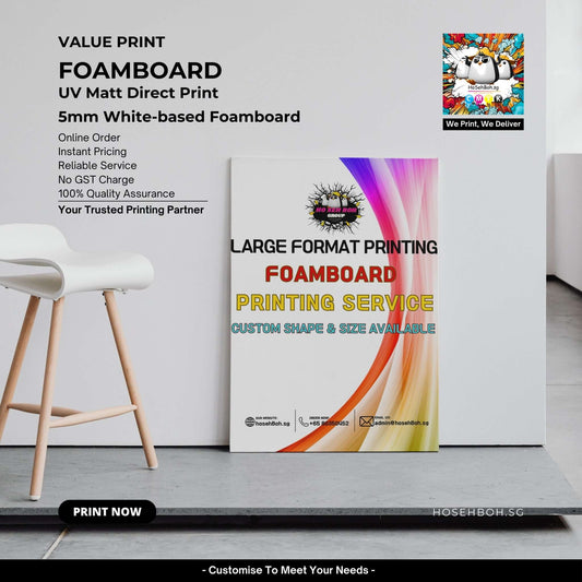 Promotional image for value print foamboard, highlighting UV matt direct print service, custom shapes, and sizes available.