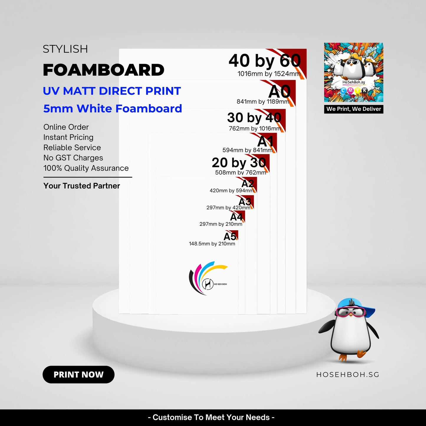 Stylish foamboard printing options in various sizes, showcasing 5mm foamboard printing Singapore for high-quality display.