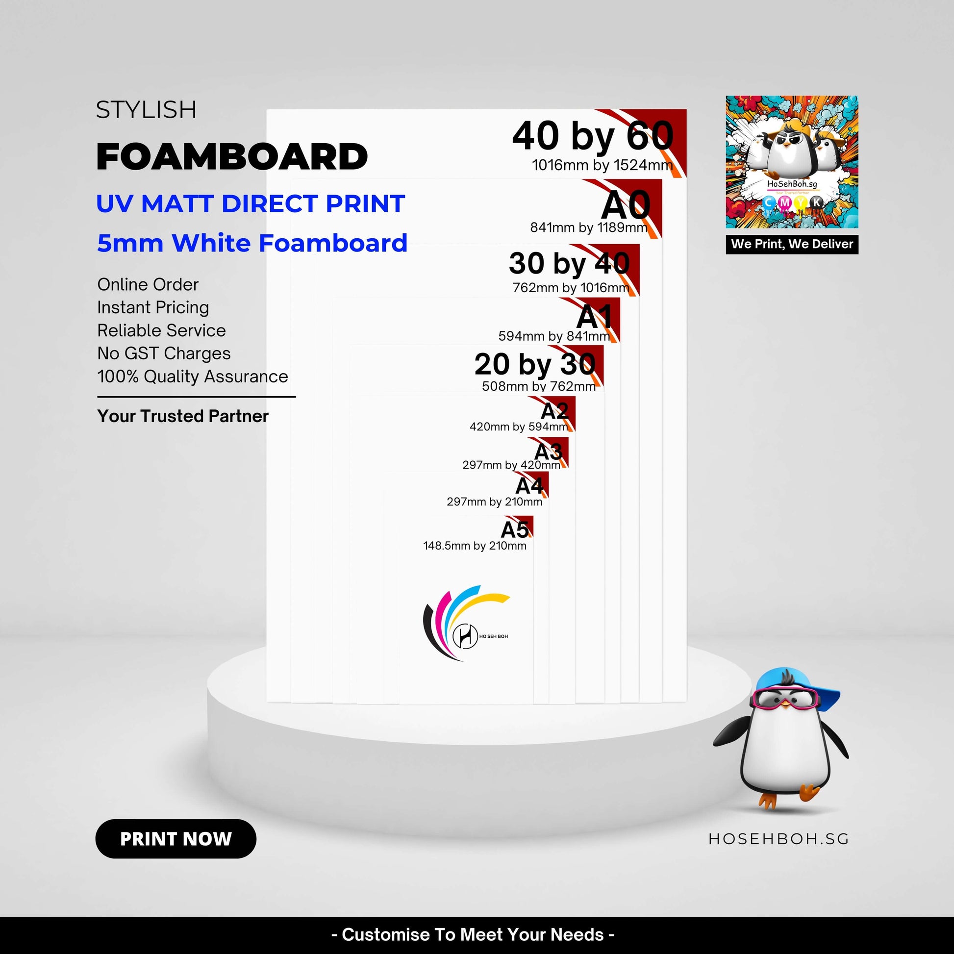 Stylish foamboard printing options in various sizes, showcasing 5mm foamboard printing Singapore for high-quality display.