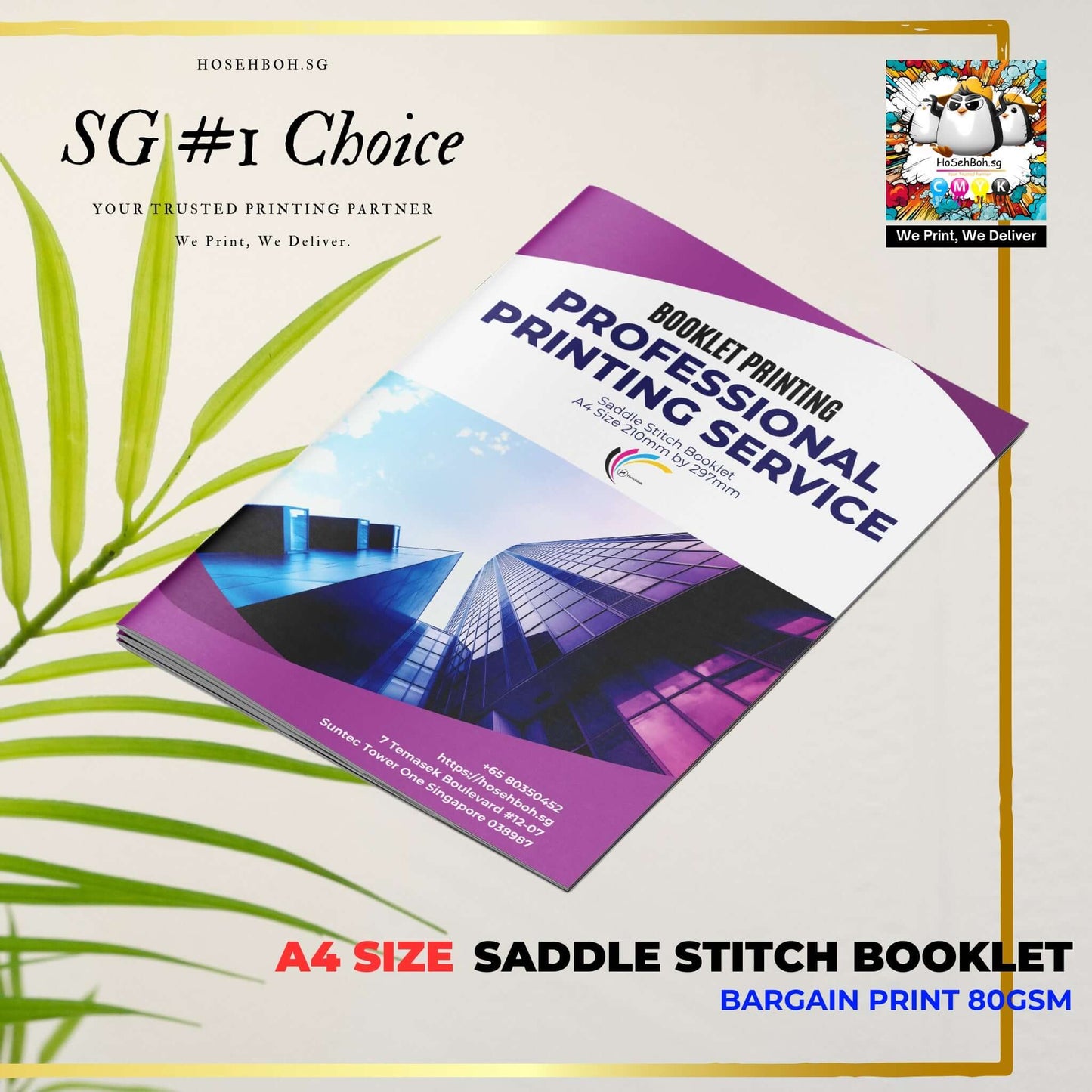 A4 size saddle stitch booklet showcasing professional printing service by HoSehBoh.sg for high-quality print solutions.