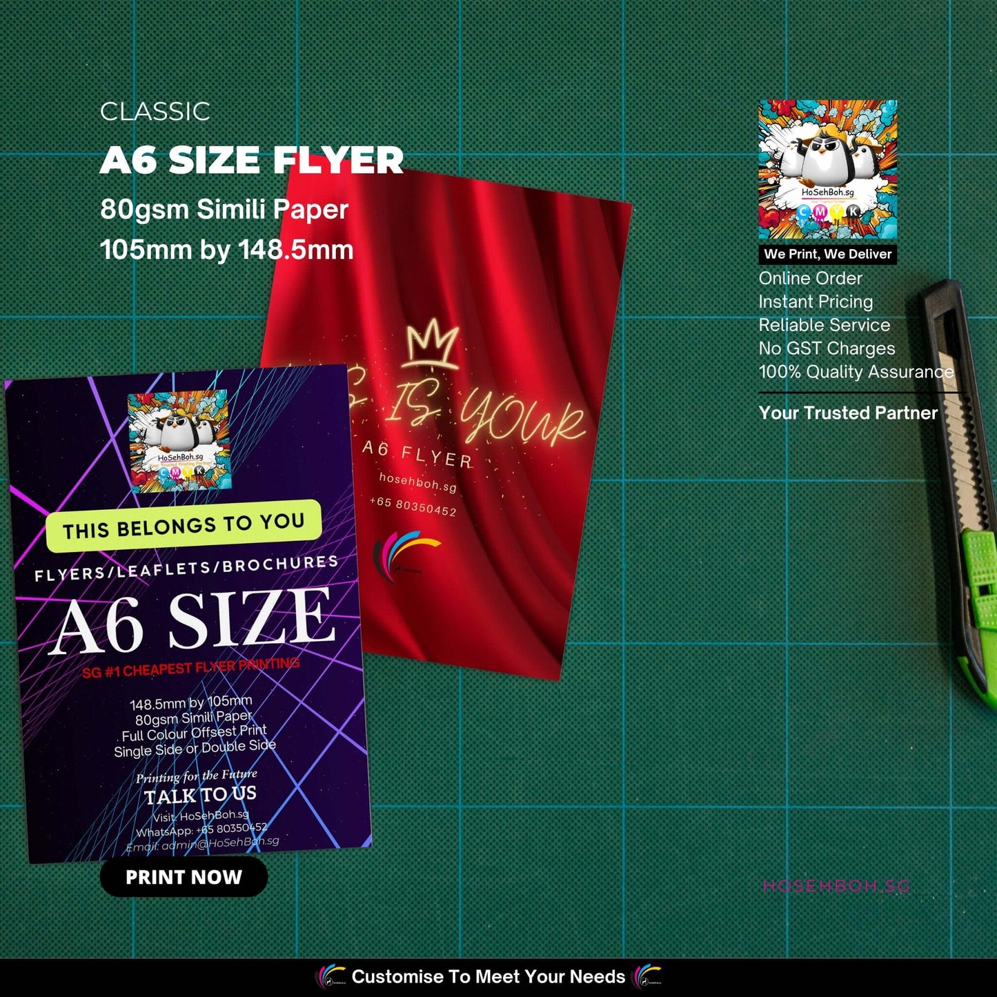 Vibrant A6 size flyers showcasing affordable pamphlet printing in Singapore, ideal for promotions and events.