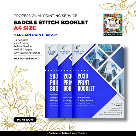 A4 Saddle Stitch Booklet promotional image showcasing printed materials, highlighting Bargain Print service with 80gsm paper.