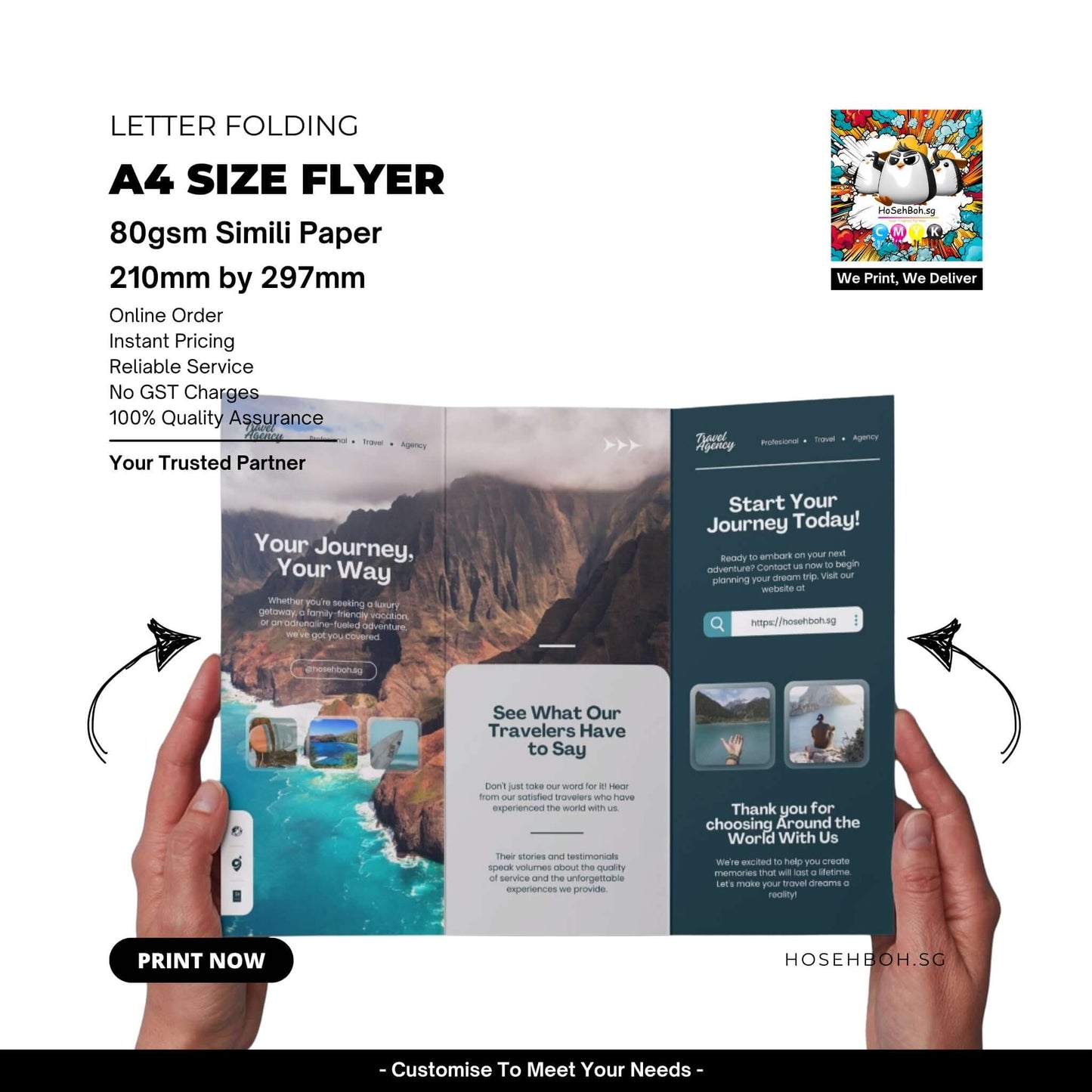 A4 printed flyer with letter folding option, 80gsm simili paper, showcasing travel services in Singapore.