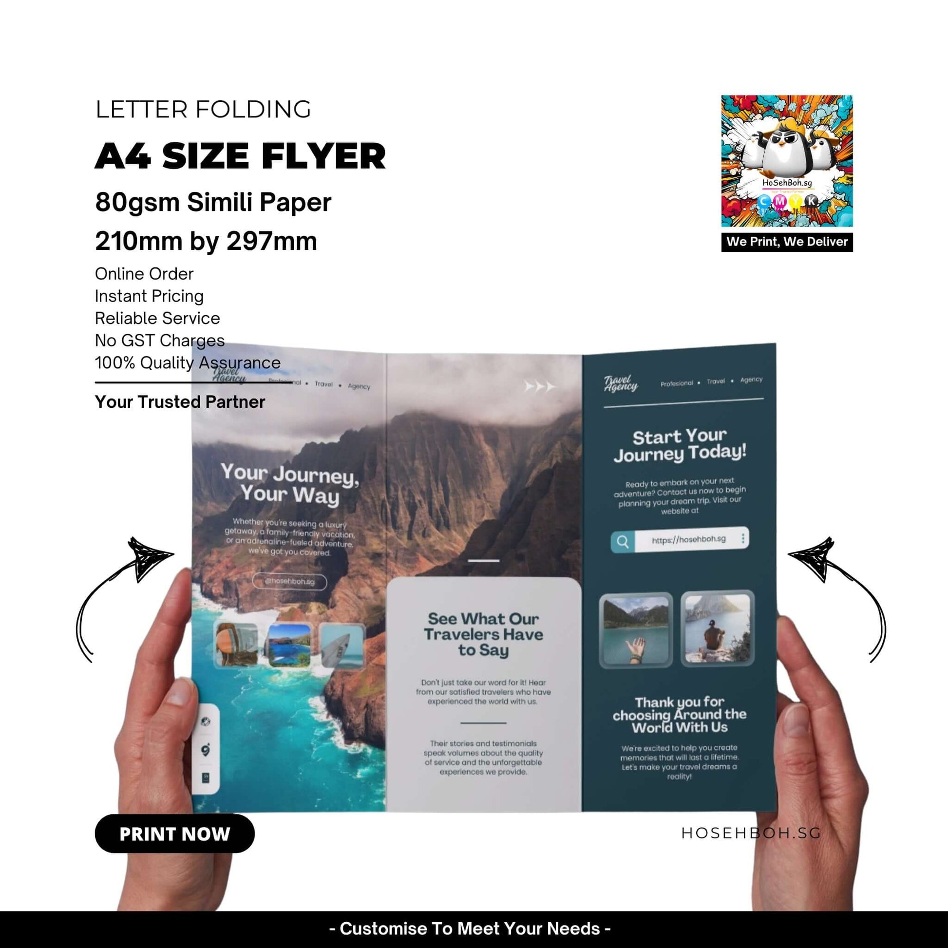 A4 printed flyer with letter folding option, 80gsm simili paper, showcasing travel services in Singapore.