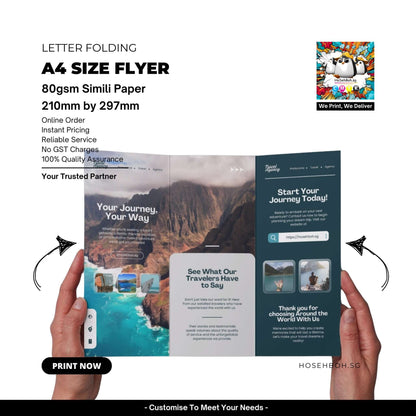 A4 printed flyer with letter folding option, 80gsm simili paper, showcasing travel services in Singapore.