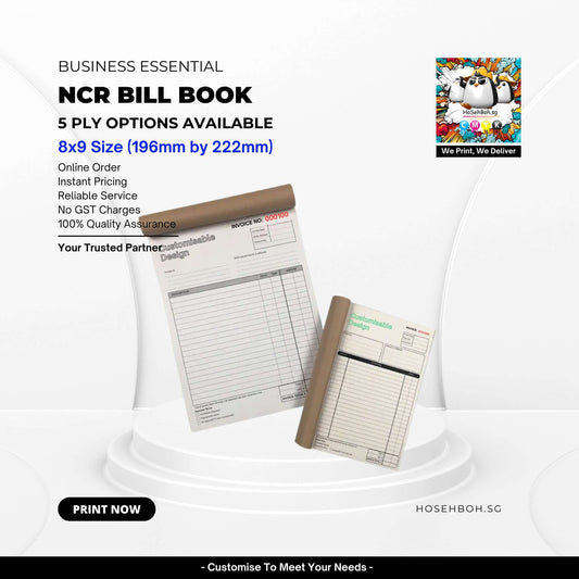 NCR Bill Book 8x9 size, 5 ply options, reliable service by Ho Seh Boh Group Singapore, print custom receipt books easily.