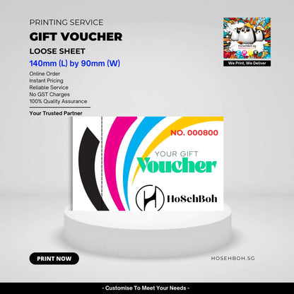 Gift voucher printing service by Ho Seh Boh Group, loose sheet format, 140mm x 90mm, Singapore, reliable quality assurance.