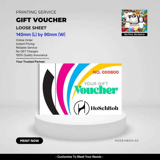 Gift voucher printing service by Ho Seh Boh Group, loose sheet format, 140mm x 90mm, Singapore, reliable quality assurance.