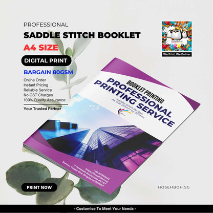 A4 saddle stitch booklet showcasing digital printing service in Singapore, featuring vibrant design and professional quality.