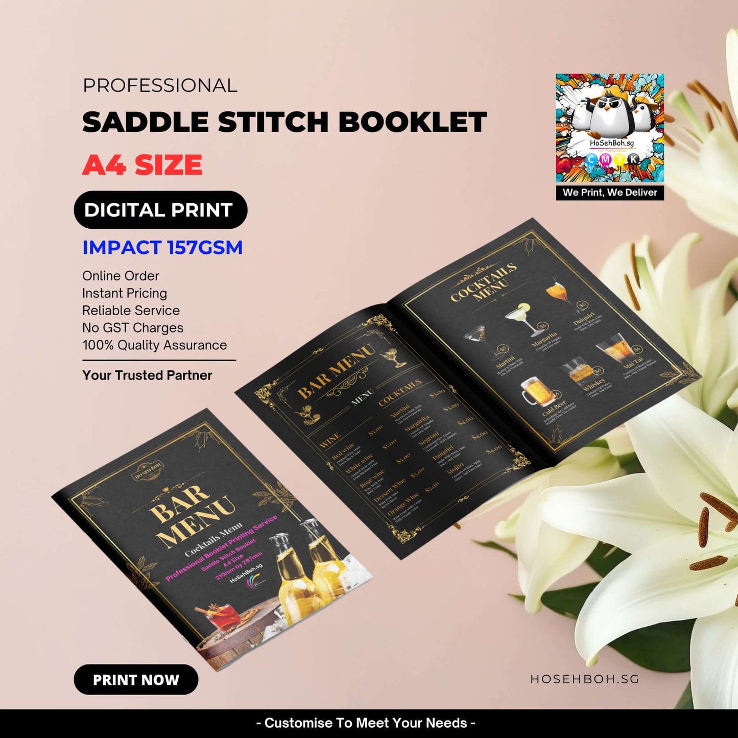 Professional A4 saddle stitch booklet showcasing digital print with bar and cocktail menu examples.