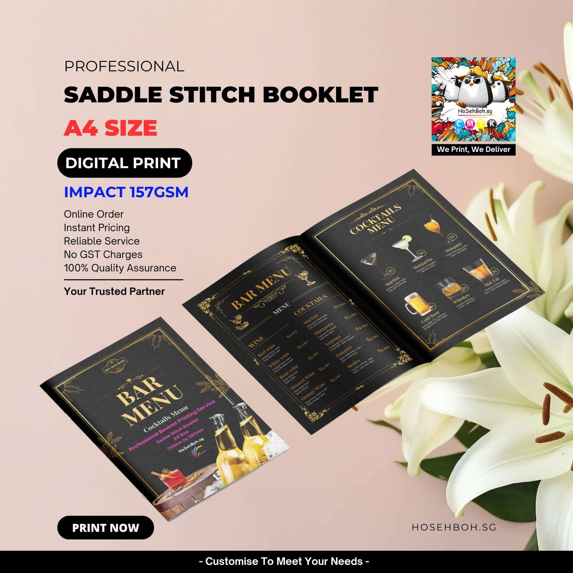 Professional A4 saddle stitch booklet showcasing digital print with bar and cocktail menu examples.