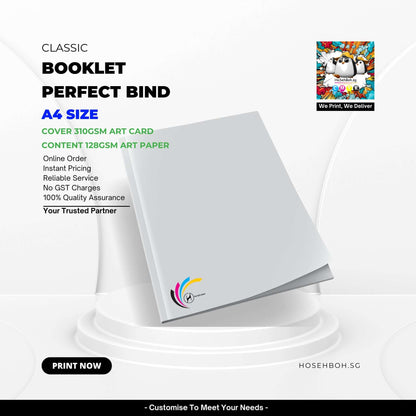 A4 Perfect Bind Booklet featuring 310gsm cover and 128gsm art paper, ideal for digital printing service in Singapore.