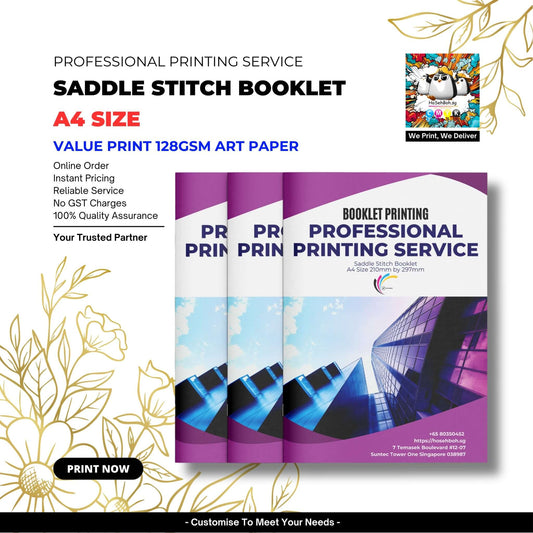A4 saddle stitch booklet showcasing professional printing service in Singapore with value print options.
