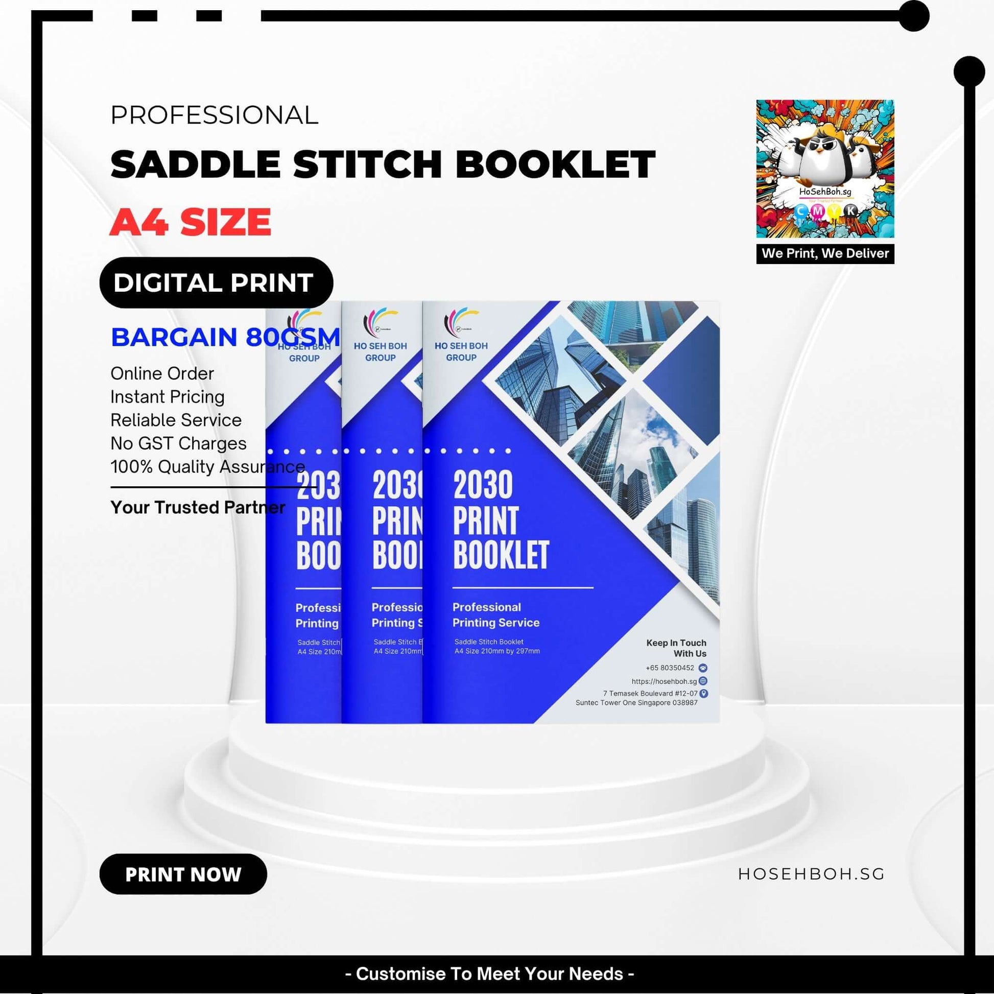 A4 saddle stitch booklet showcasing digital print service in Singapore with vibrant design and details about ordering.