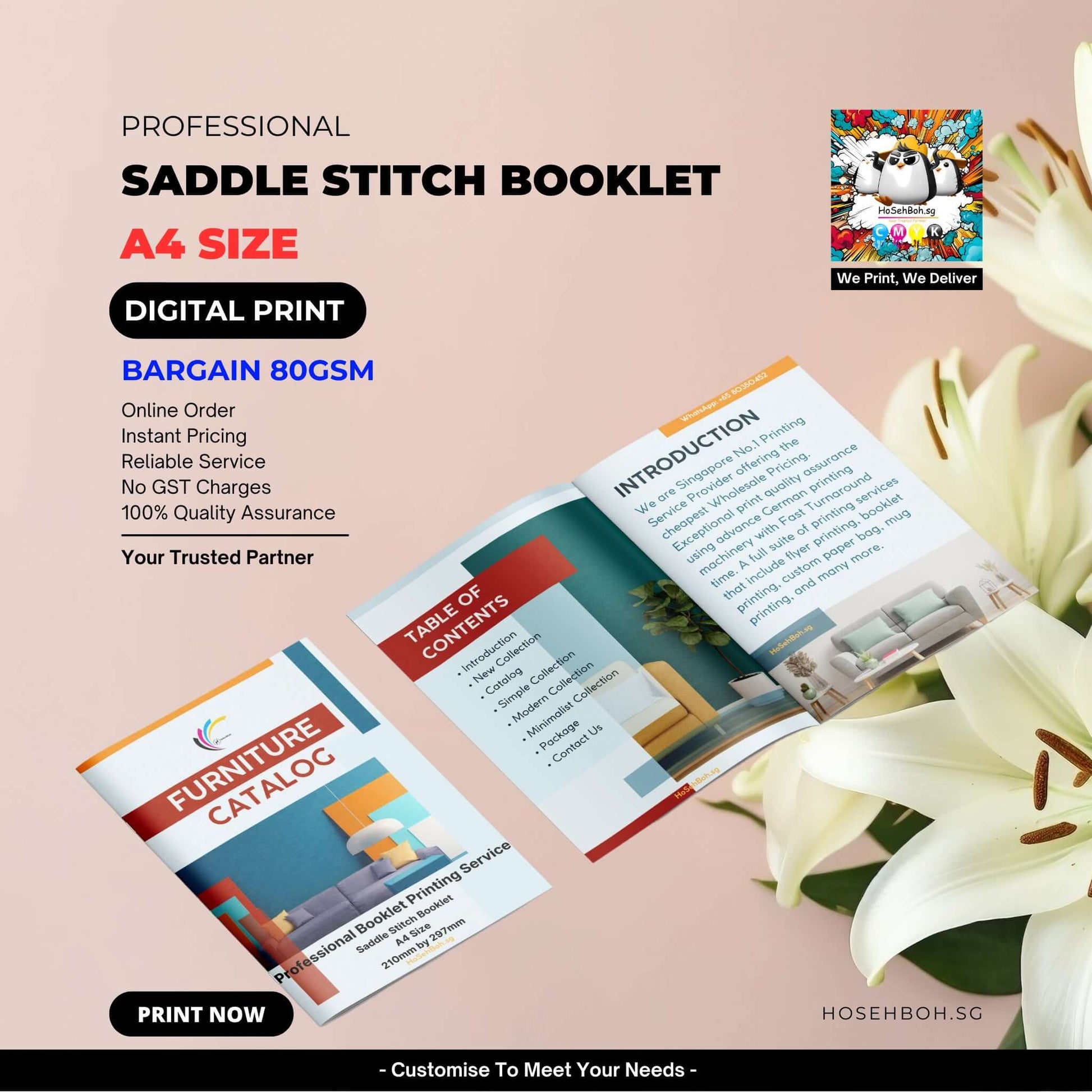 A4 saddle stitch booklet showcasing digital printing service in Singapore with instant pricing and quality assurance.