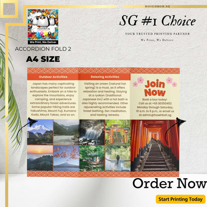 A4 accordion fold flyer showcasing outdoor and relaxing activities with vibrant visuals, promoting affordable printing services in Singapore.