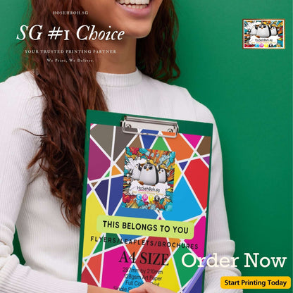 A woman holding a colorful A4 flyer on a clipboard, promoting flyer printing services in Singapore.