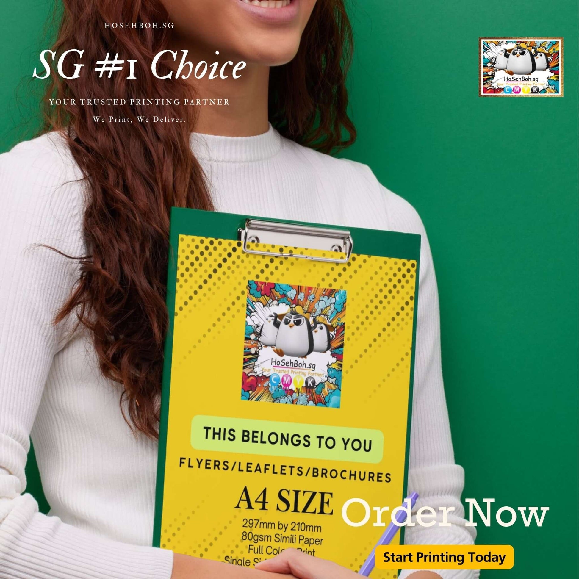 Woman holding A4 flyer on clipboard promoting affordable printing services in Singapore.