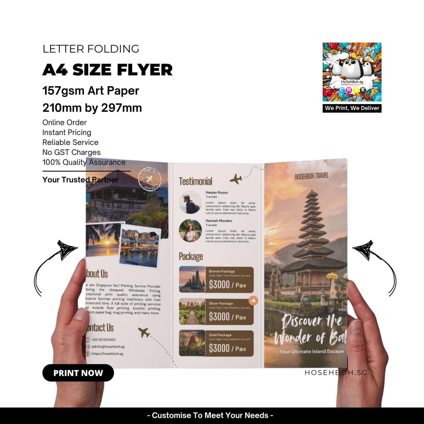 Professional A4 letter fold brochure printed on 157gsm art paper showcasing travel packages and testimonials.