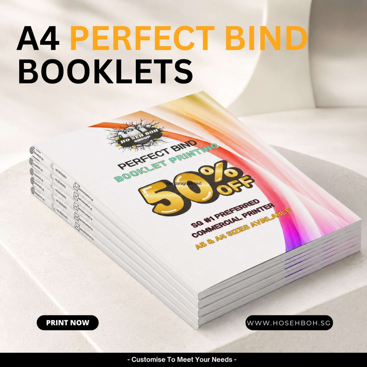 A4 Perfect Bind Booklet - Premium Value Print showcasing a stack of professional booklets with a discount offer.