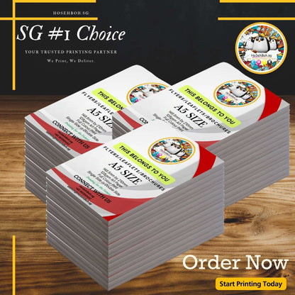 Affordable A5 leaflets showcasing budget-friendly printing services from Ho Seh Boh Group in Singapore.