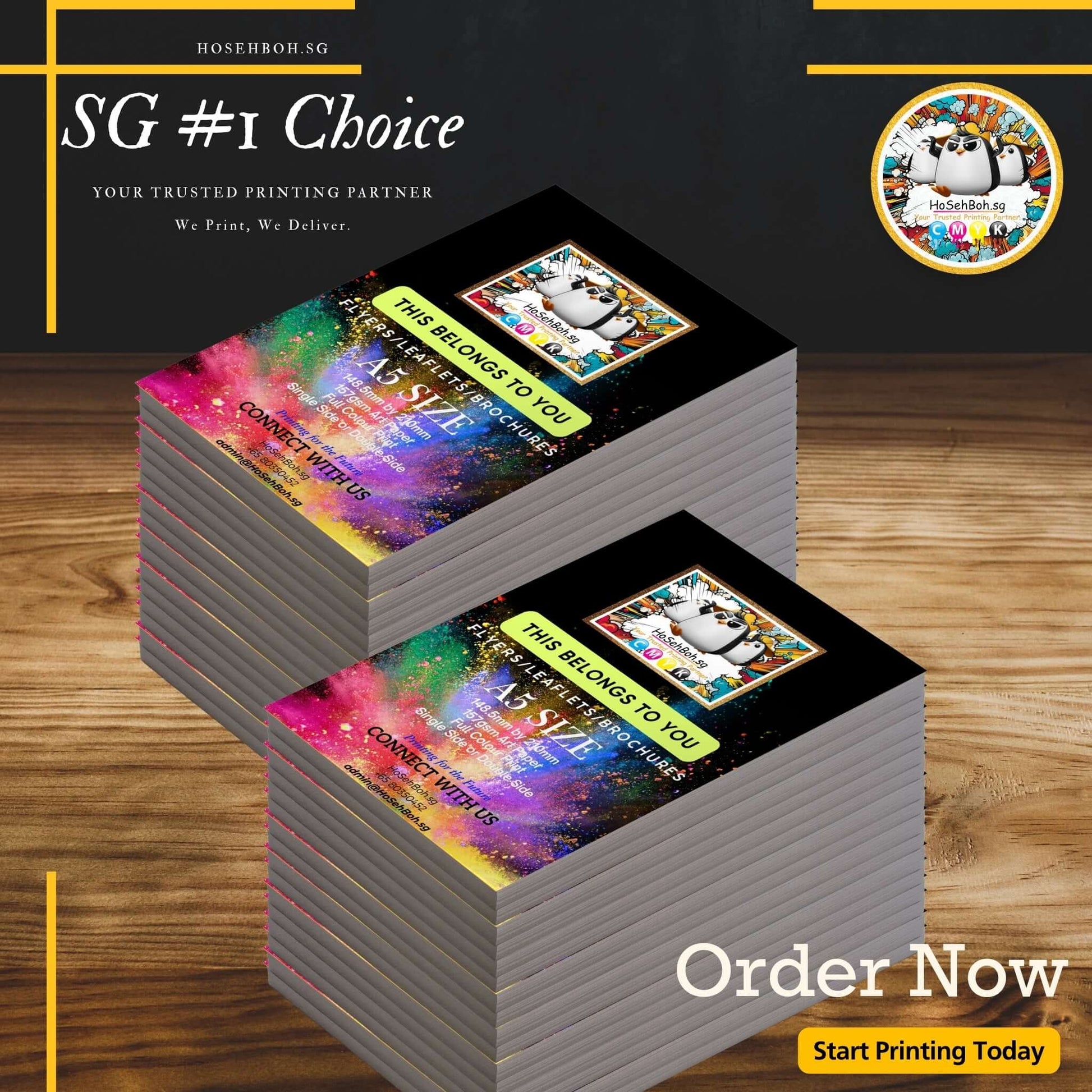 Colorful A5 flyers stacked for printing, showcasing custom design options. Order cheap A5 flyer printing in Singapore.