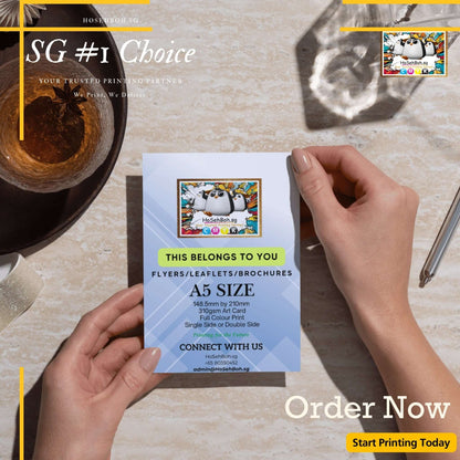 A5 flyer showcasing printing details, highlighting premium quality and order options for Singapore customers.