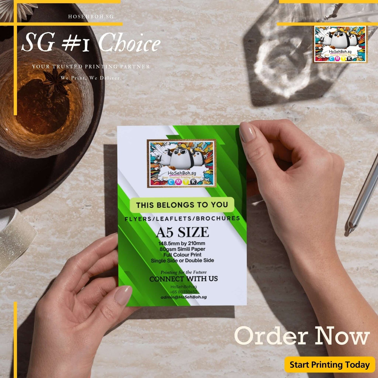 Person holding A5 flyer showcasing Cheapest A5 Flyer Printing Singapore with vibrant design and customization options.