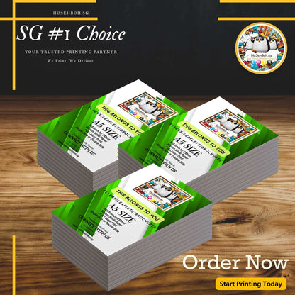 Stack of A5 flyers showcasing vibrant design for affordable flyer printing in Singapore, promoting wholesale deals.