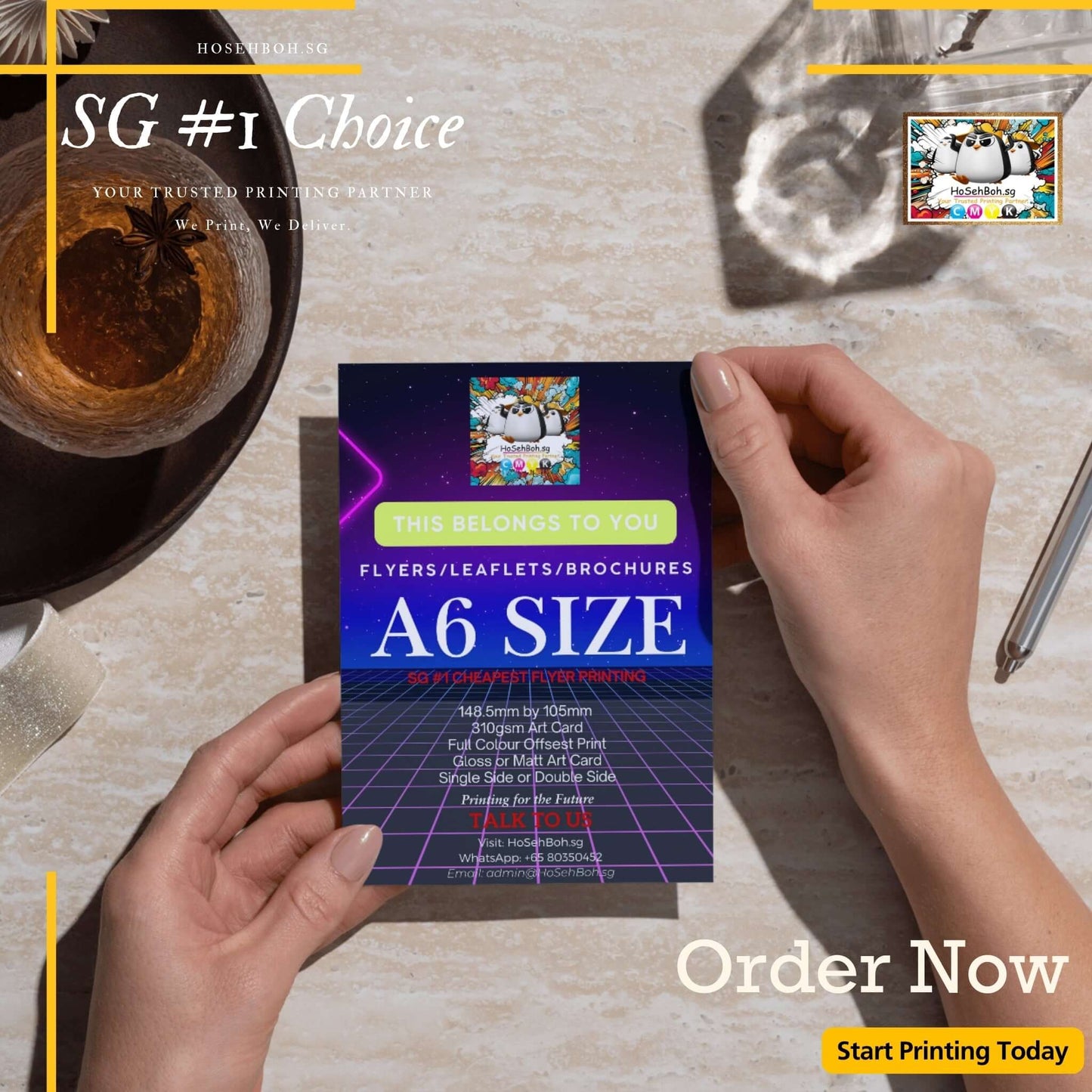 A6 print flyer in hand, showcasing quality and affordability for marketing in Singapore. Order your cheapest flyer printing today!