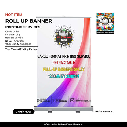 Retractable roll-up banner display for large format printing services by hosehBoh.sg in Singapore. Customizable design options.